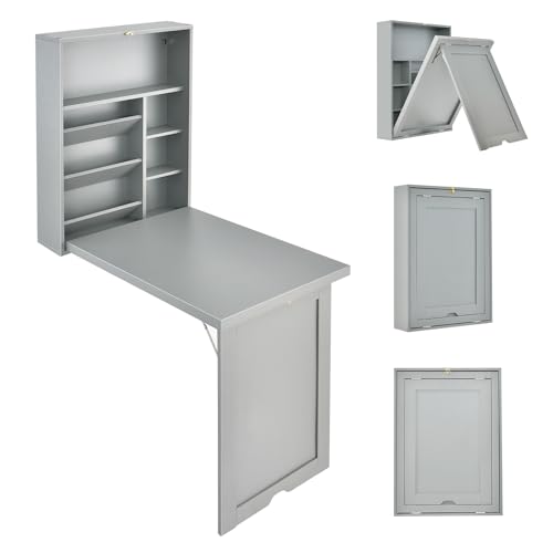 Folding Wall Mounted Desk, Fold Down Table with Storage Shelves, ...