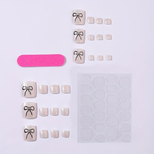 Image of Bow Press on Toenails White Fake Toenails Short Squar Toe Nails with Shiny Design Glitter Glue on Toenail Glossy Full Cover Stick on Toes for Women Manicure 24Pcs