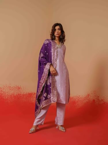 Image of Kaari Women's Embroidered Kurta Set with Dupatta - Festive Kurta Set for Women Polyester