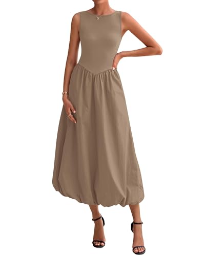 Image of BTFBM Women's 2026 Summer Casual Sleeveless Midi Dress Patchwork Knit Tank Bubble Long Flowy Beach Maxi Sundress Pockets
