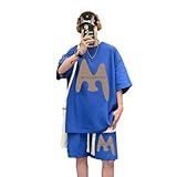 Men's Sportswear Casual Running 2-Piece Set Classic Fashion Training Suit Beach Jogging Gym Short Sleeve T-Shirt and Shorts J-Blue 3XL