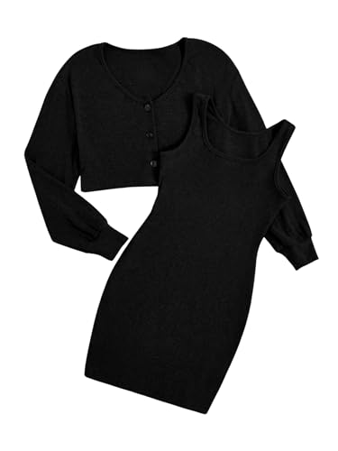 Verdusa Girl's Midi Dress 2 Piece Fall Sets Ribbed Knit Button Up Crop Cardigan and Tank Dress