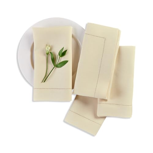 Solino Home Linen Cloth Napkins Set of 4-100% Pure Linen Creamy Ivory Dinner Napkins 20 x 20 Inch for Spring, Easter - Medium Weight Hemstitch, Handcrafted and Machine Washable