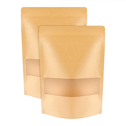 100 Pcs Kraft Stand Up Pouches 5.5 x 7.9 Inch Resealable Zip Lock Food Storage Bags with Matte Window for Packaging