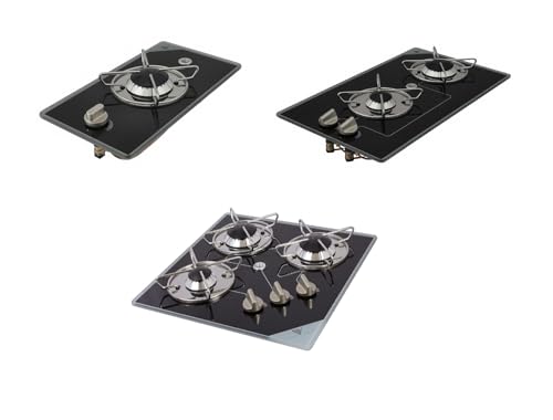 Einbau-Gaskochfeld, Gaskocher, 1, 2 oder 3-flammig, 1800-4600 Watt | Aus schwarzem Hartglas | Hygienisch & pflegeleicht | Ideal für Boot, Wohnwagen, Wohnmobil & Camping Größe 3-flammig