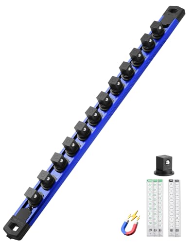 ALOANES Magnetic Socket Organizer Set 1/2-Inch Drive Heavy Duty Aluminum Socket Rail Organizer 360 Swivel Clips Socket Holder Kit for Toolbox Drawer Fit 1/2-Inch x 12 Clips (Blue 1PC)