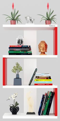 Image of Madhuran S Shape Engineered Wood Wall Mounted Decor Items Display Shelf (Red+White)