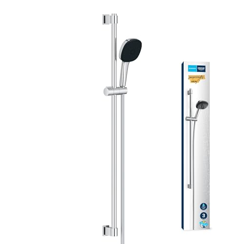 GROHE Vitalio 110, Duschset wassersparend, 8l pro Min (Duschstangenset mit: Duschkopf 3 Strahlarten, 1,75m Schlauch, Duschstange 90cm, zum Kleben oder Bohren, ohne Kleber), eckig, chrom, 26932001