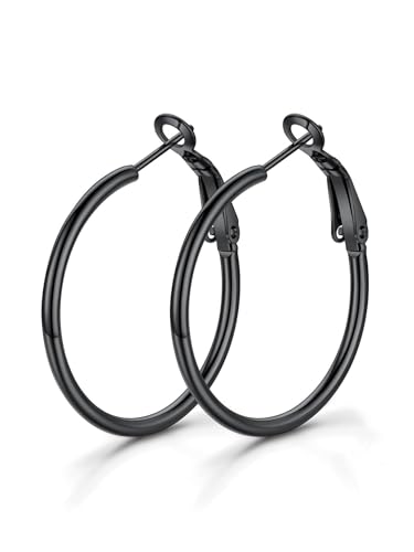 KeyStyle Womens Black Earrings Small Round Hoops 30 mm Lightwight Hypoallergenic Earring Everyday Jewelry for Her 1 Inch