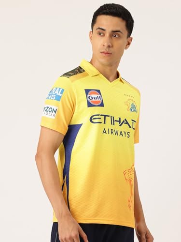 Image of playR x Chennai Super Kings Original Match Jersey IPL 2025 - Adult Dhoni 7 Half Sleeve CSK Cricket T-Shirt, Regular Fit Sportswear Tee for Training, Outdoor & Match Day Activewear for All Season