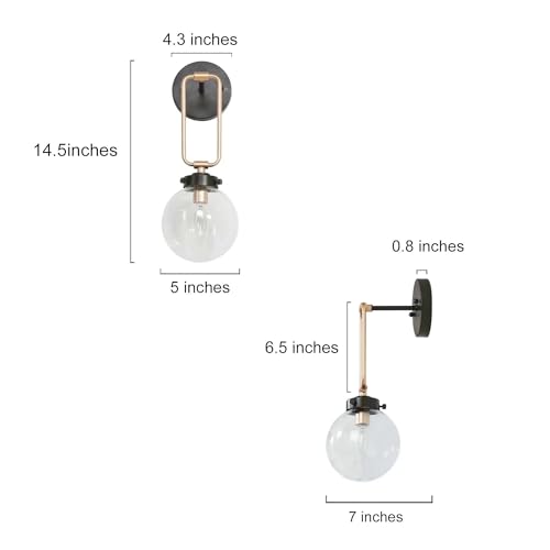 Image of KSANA Black and Gold Wall Sconce, 1-Light Wall Mounted Light Fixtures 14.5 inch H Mid-Century Modern Sconce Wall Lighting for Bedroom Living Room, Clear Globe Glass Shade