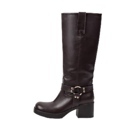Image of Women's Knee High Riding Boots Chunky Heel Wide Calf Motorcycle Boots with Side Zipper