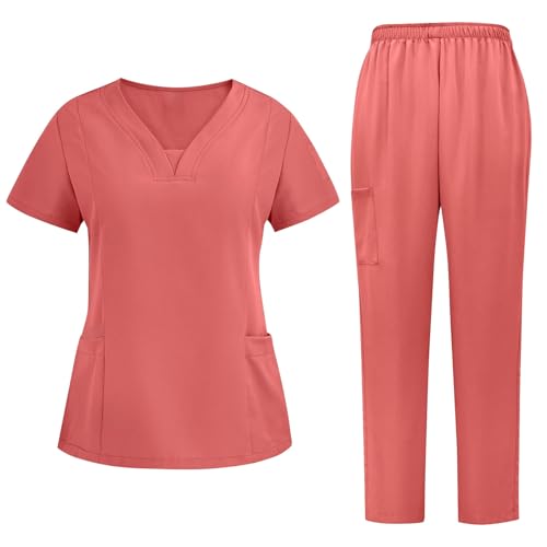 Sdwingk Scrubs for Women Set V-Neck Stretch Scrub Top & Drawstring Scrub Pant Nursing Uniforms Scrubs Sets with Pockets