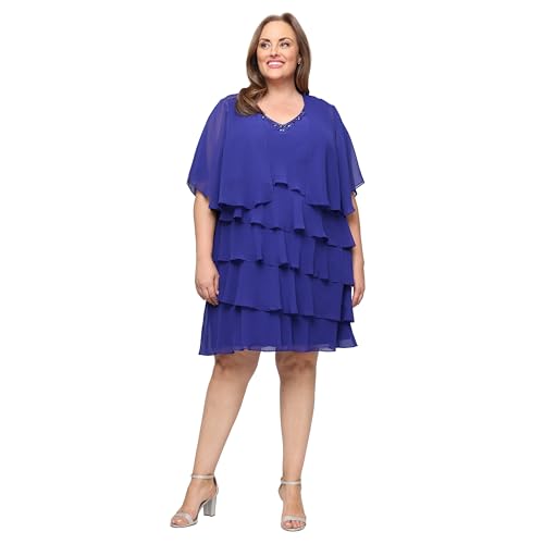 Image of S.L. Fashions Women's Chiffon Tiered Jacket Dress with Beaded Neckline Mother of the Bride, Cocktail, Or Wedding Guest Dress