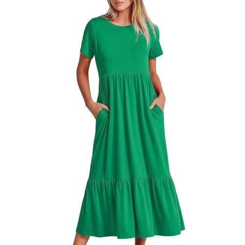 WAVDSYB Vestido de verano casual de manga corta con cuello redondo para mujer, vestido de playa con bolsillos, vestido de fiesta elegante, vestido de playa, club, cóctel, trabajo, Verde#1, L