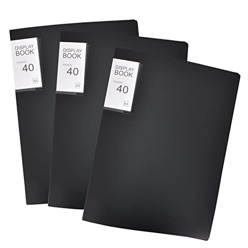 3 Stück A4 PP Sichtbuch, Display Book Folder A4, 40-Seitige Transparente Mappe, Sichtbuch A4 Präsentationsmappe Präsentationsbuch, für Kunst Berichtsblätter Briefe Portfolios Schwarz
