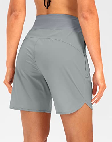 G Gradual Women's 7" Quick Dry High Waisted Swim Board Shorts With Zipper Pockets Upf 50+ Beach Shorts For Women With Liner(Light Grey, 3Xl) #TOP1