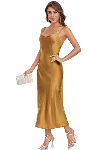Image of Women's Spaghetti Strap Midi Satin Silk Dresses Slip Cowl Neck Party Cocktail Evening Sexy Dress