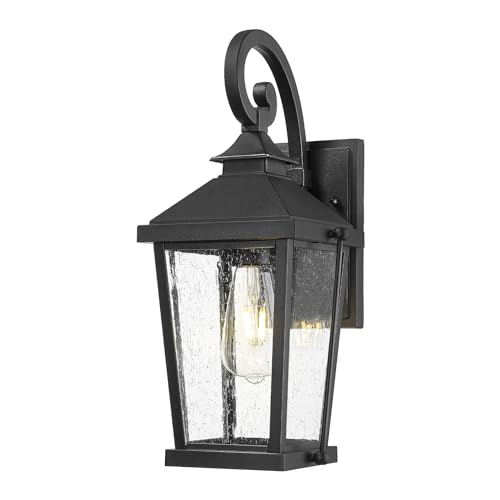 Image of zeyu 16 Inch Black Outdoor Light Fixture, 1-Light Exterior Wall Lighting Fixture for Porch Backyard, Die-Cast Aluminum with Seeded Glass, Black Finish, ZW105B BK