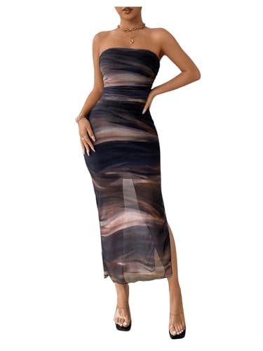 Image of Milumia Women's Tie Dye Strapless Maxi Dress Mesh Split Bodycon Vacation Long Tube Dresses