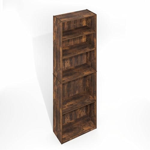 Image of Furinno Jaya Simply Book Shelf, 5-Tier Bookshelf, Bookcase with Adjustable Shelves, 9.5 x 24.5 x 71.2, for Living Room, Bedroom, Home Office, Amber Oak