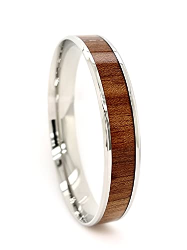 HPJ Beautiful Hawaiian Natural Koa Wood Bangle Bracelets 12mm Band Silver Stainless Steel Comfort Fit Women Size 7.5