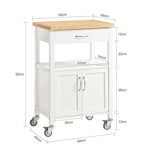 SoBuy Carrito Cocina con Ruedas y Encimera de Madera Mueble Auxiliar con Cajón, Estantería y Armario de Doble Puerta Carro de Cocina Organizador para Cocina o Dormitorio, Blanco 60x92x45cm FKW22-WN - imagen 3