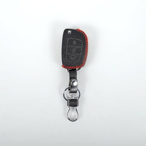 Image of Leather Smart Car Key Cover Case with Metal Hook Keychain for Old I 10 Grand, Old I 20, Old Creta (Black)