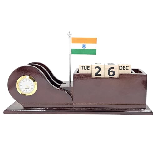 Image of WOOD HOUSE Wooden Pen Stand with Mobile Holder & 100-Year Perpetual Calendar for Office Table | Desk Organizer with New Year 2024 Calendar | Lifetime Calendar Pen Holder (WH-70N)