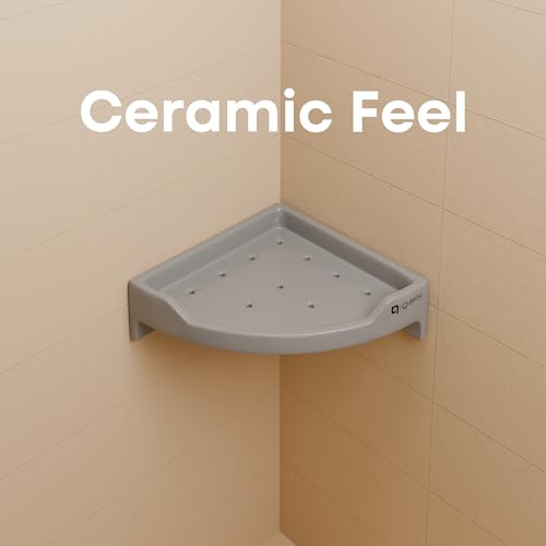 Image of Qbath 9 Inch Ceramic Corner Bathroom Shelf - Grey |Wall-Mounted Black Ceramic Rack with Drainage Holes|Space-Saving Corner Shelf for Shampoo, Soap & Toiletries|Water-Resistant & Easy to Clean