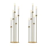 Gold Candelabra with Glass Cylinders for Real Candles 5 Arms Metal Candle Holder Wedding Event Party Home Decoration Centerpiece (2, L)