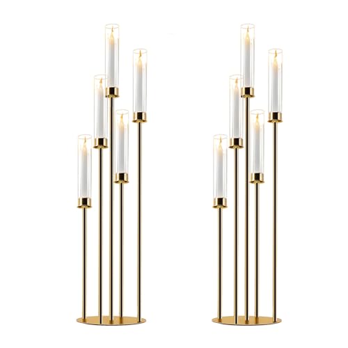 Gold Candelabra with Glass Cylinders for Real Candles 5 Arms Metal Candle Holder Wedding Event Party Home Decoration Centerpiece (2, L)