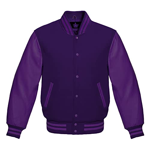 Varsity Baseball Letterman Bomber School Purple Wool & Genuine Purple Leather Sleeves Jacket