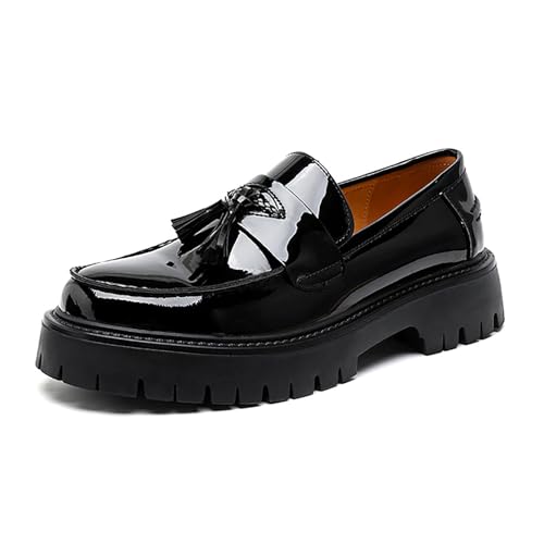 Men's Patent Leather Platform Tassel Loafers - Round Toe Slip-On Chunky Heel Lug Sole Penny Shoes Fashion Business Dress Shoes