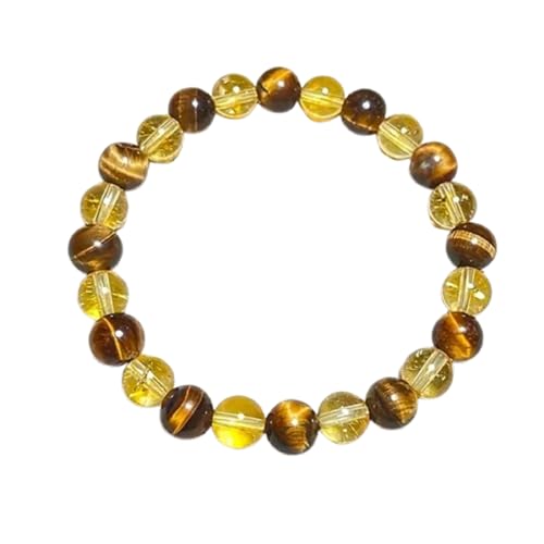 Image of Natural Tiger Eye and Citrine Crystal Beaded Bracelet, 8mm Gemstone Beads, Brown and Yellow