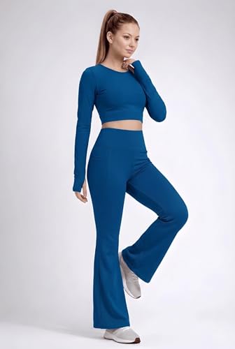 Image of PINAAK FASHION Women's Yoga Co-Ord Set | Full Sleeve Crop Top & Flared High Waist Yoga Pants with Pocket | Thumb Hole Sleeves | Bell Bottom Gym Wear Activewear Tracksuit for Workout, Running & Lounge