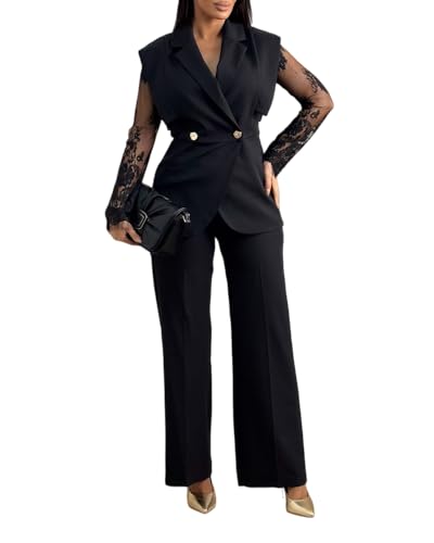 CHICME Women's 2 Piece Outfits Lace Spliced Long Sleeve Notched