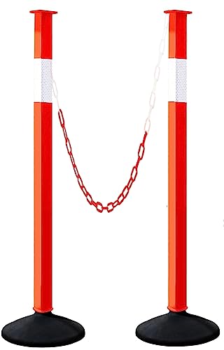 Traffic Delineator Post with Weighted Base & Reflective Collars, Adjustable Parking Cones with 4 FT Chains, Portable Orange Driveway Barrier Pole for Traffic Crowd Controlï¼ˆPatentedï¼‰