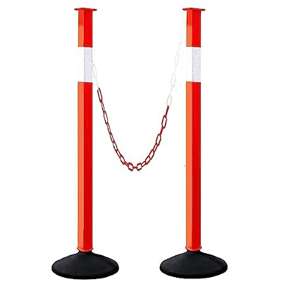 Traffic Delineator Post with Weighted Base & Reflective Collars, Adjustable Parking Cones with 4 FT Chains, Portable Orange Driveway Barrier Pole for Traffic Crowd Control(Patented)