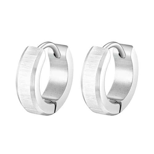 IOETSEUT Pendientes de Hombre Pendientes de aro de Cepillo para Hombre Niños Borde Inclinado Aros pequeños Nunca se desvanecen Color Plateado Regalo de joyería Simple