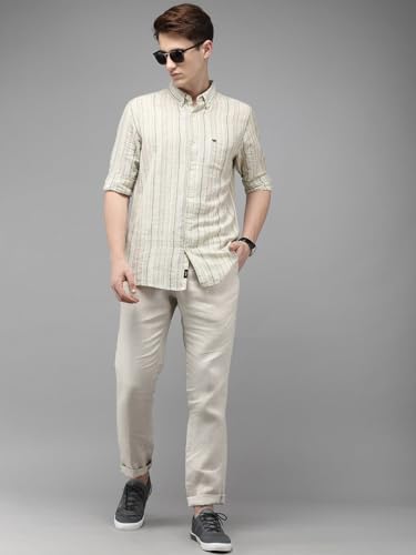 Image of THE BEAR HOUSE Men's Striped Slim Fit Cotton Linen Casual Shirt | Green | TBH-INGO-CR