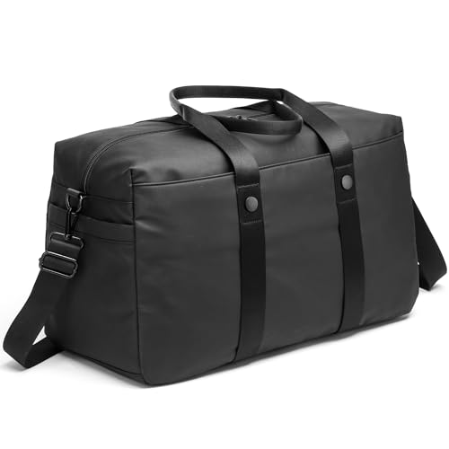 Leather Duffle Bag for Men, Weekender Overnight Bag for Women Carry On Travel duffel with Laptop Compartment & Wet Pocket Small Gym Tote for Sports, Business Trips, Traveling, PU Black, 30L