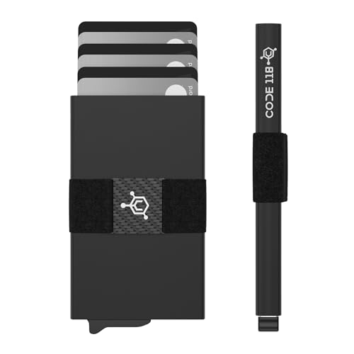 CODE 118 Wallet - Premium Automatic Smart Wallet, RFID Blocking, Pop Up Mens Minimalist Metal Wallet, 6061-T6 Aerospace-Grade Aluminum, Genuine 3K Carbon Fiber (Classic, Jet Black)