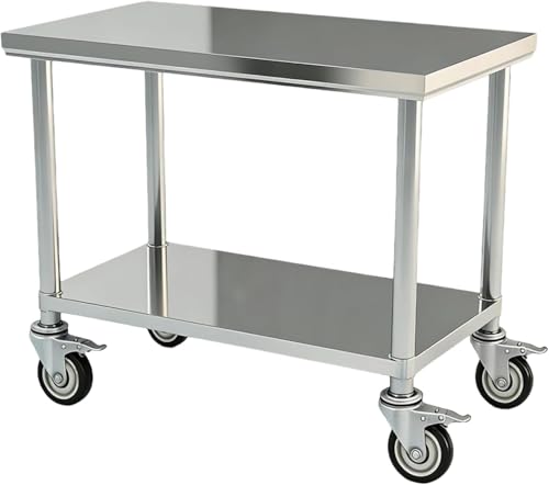 Image of Stainless Steel Table Prep & Work with Wheels 20 x 40 Inches, NSF Commercial Heavy Duty Table with Undershelf and Galvanized Legs for Restaurant, Home and Hotel