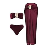 2026 Fashion Women 3pcs Bikini Swimsuits Bandeau Swimwear High Cut Bikini Sets with Long Sheer Coverup Dress Wine