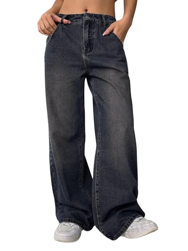 Image of GRECIILOOKS High Waist Jeans for Women - Wide Leg Straight Fit Denim | Baggy Cargo Style Casual Pants for Girls & Daily College Wear