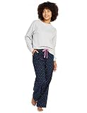 LAPASA Damen Pyjama Set 100% Baumwolle Schlafanzug Set Loungewear Jersey-Oberteil Flanellhose L96 (L, Hellgrau meliert + Navy Blau gepunktet)
