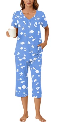 Image of Bestbee Women's Pajama Sets 2 Piece Lounge Outfits Summer Sleepwear V Neck Short Sleeve Capri Pant With Pockets Ladies Pjs