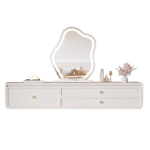 Mesa de tocador LED de maquillaje con espejo, consola moderna montada en la pared para espacios pequeños, escritorio flotante con cajones para dormitorio o sala de estar (100 cm)