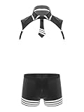 FEESHOW Herren Stripper Kostüm Polizei Uniform Leder Harness Top Fliege Shorts Karneval Junggesellenabschied Clubwear Schwarz L